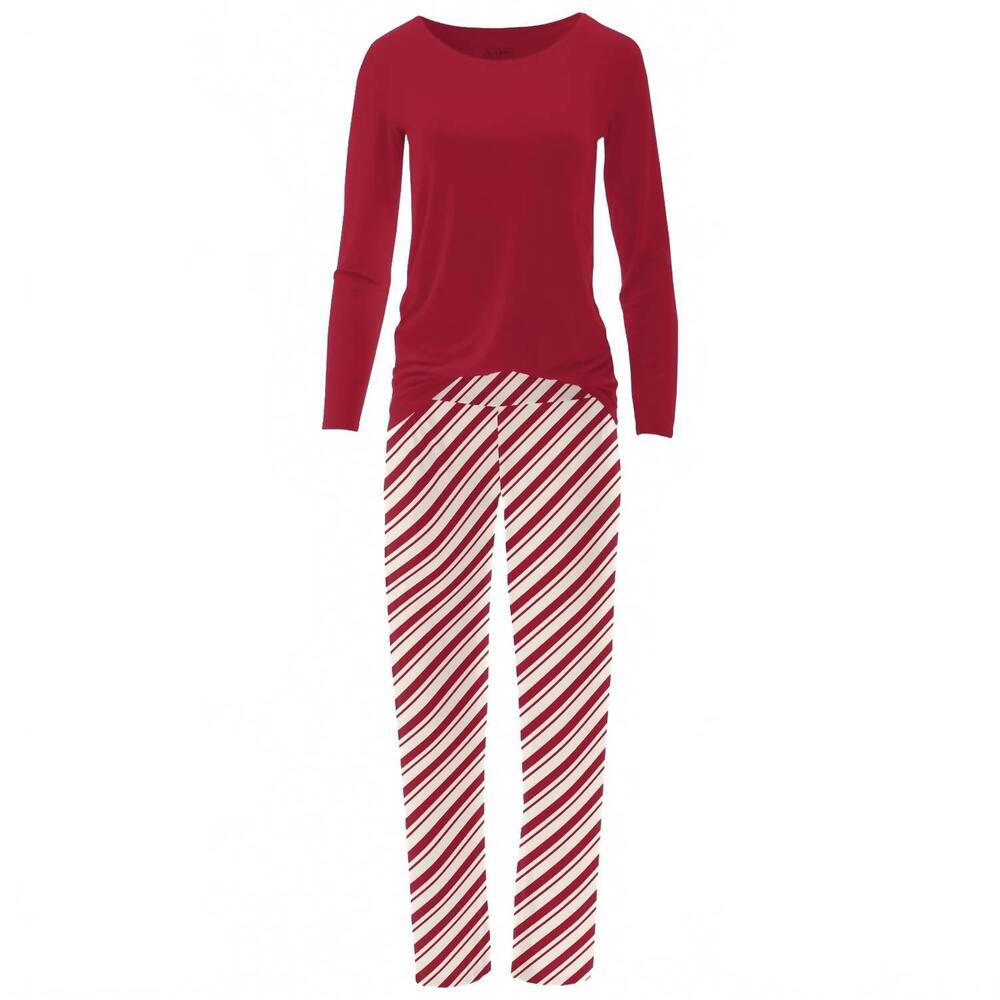 NEW KICKEE women's long sleeve relaxed tee & pajama pants set in peppermint stri